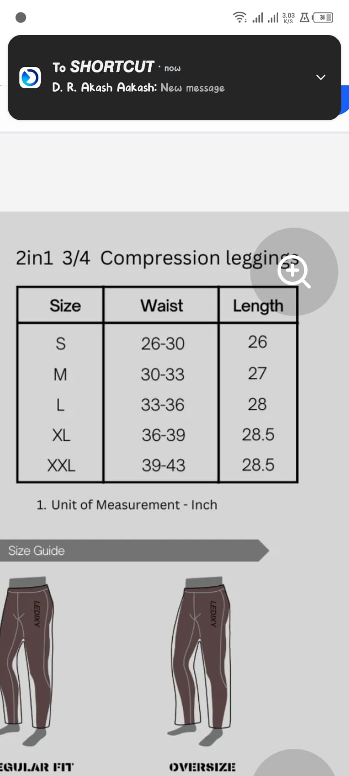 Size chart for Men’s 2-in-1 Sports Shorts pant